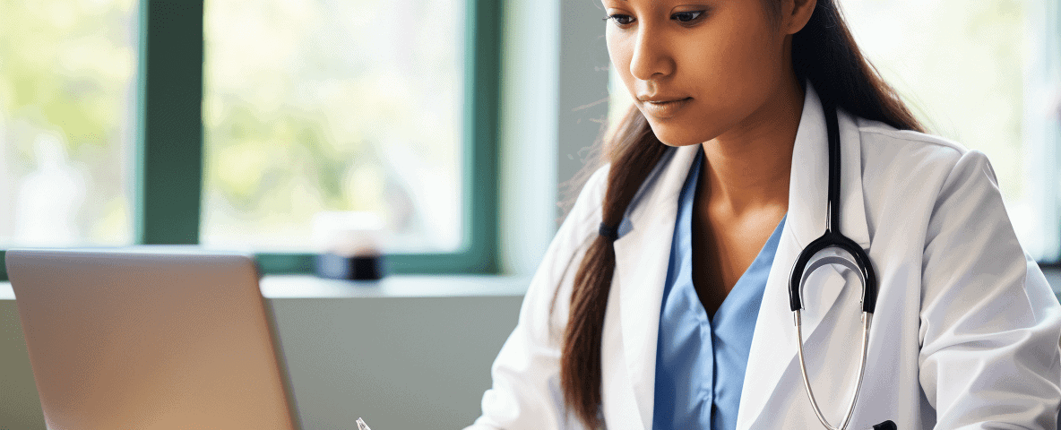 nurse practitioner diligently studying on her laptop, with the CME Procedures' course visible on the screen