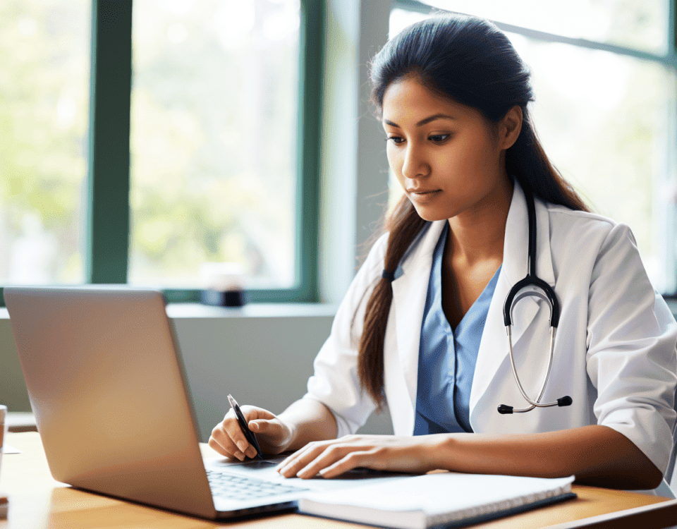 nurse practitioner diligently studying on her laptop, with the CME Procedures' course visible on the screen