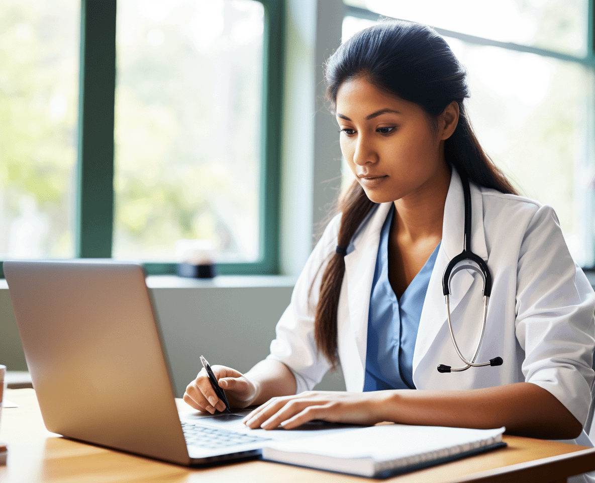 nurse practitioner diligently studying on her laptop, with the CME Procedures' course visible on the screen